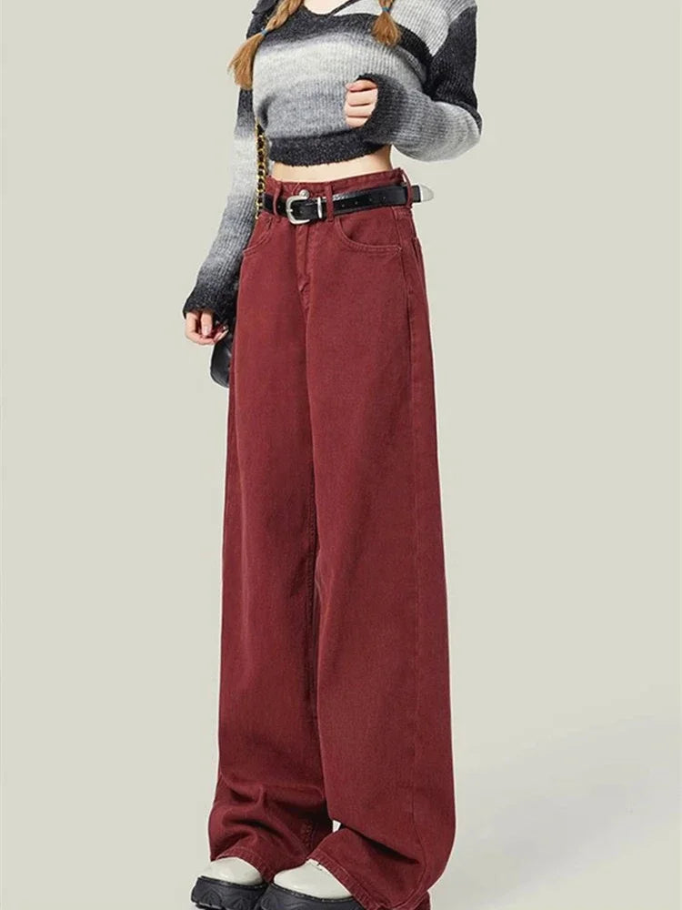 Cyflymder Women's Street Style Wide Leg Red Jeans American Vintage Casual Denim Trousers Female High Waist Loose Straight Pants