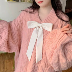 Cyflymder Pink Kawaii Oversize Knitwear Sweaters Women Sweet Cute Big Bow Pullovers Autumn Winter Keep Warm Lantern Sleeve V-Neck Sweater