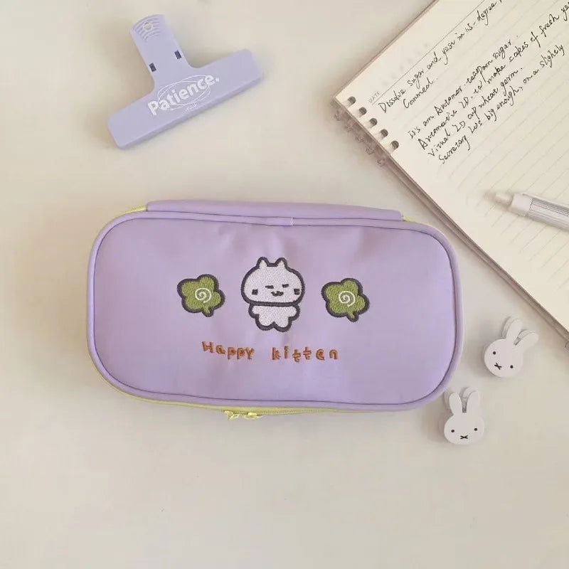 Cyflymder  Cute Cartoon Embroidery Pencil Case for Kids Boy Girl Kawaii Clover Kitten Stationery Organizer Portable Large Capacity Pen Bag