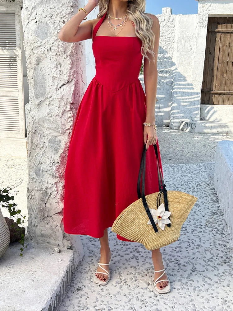 Cyflymder  Slimming Halter Backless Sleeveless Dress for Women Solid Color High Waist Casual Summer Vacation Beach Sundress