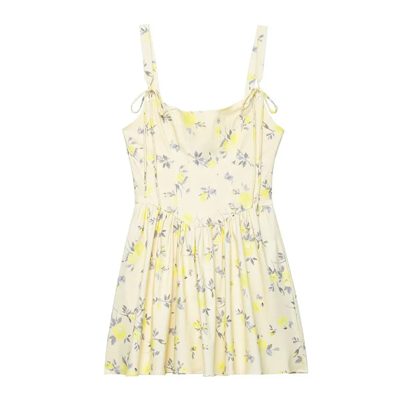 Cyflymder  Women's Yellow Printed Halter Dress Slim Fit Bow Detail Summer Fashion Casual Dress for Holidays
