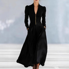 Cyflymder  Women's Solid V-Neck Ruched Elegant Maxi Dress Long Sleeve Buttons Slim Fit Spring Gown Fashion Draped Irregular Long Dresses