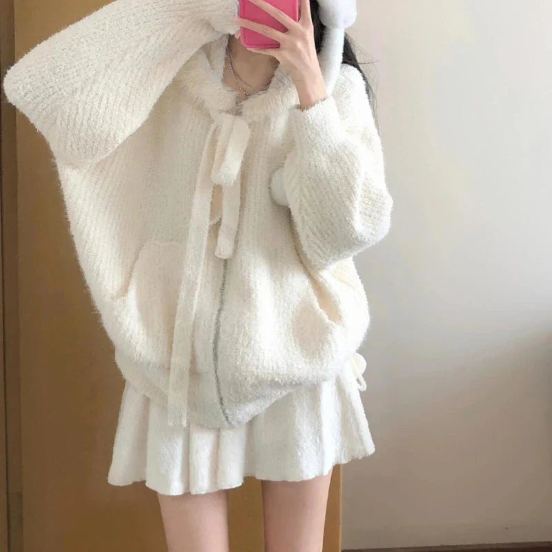 Cyflymder Kawaii Sweet Knitted Cardigan Women Elegant Zip Up Hooded Cardigan Cute Japanese Style Solid Autumn Winter Sweater Coat