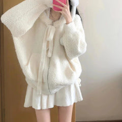 Cyflymder Kawaii Sweet Knitted Cardigan Women Elegant Zip Up Hooded Cardigan Cute Japanese Style Solid Autumn Winter Sweater Coat