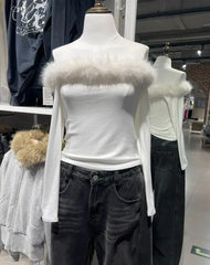 Cyflymder  Fur Collar Slash Neck T-shirt Women Spring Chic Streetwear Cotton Slim Long Sleeve Tees Sweet Sexy Cute T-shirts Y2K