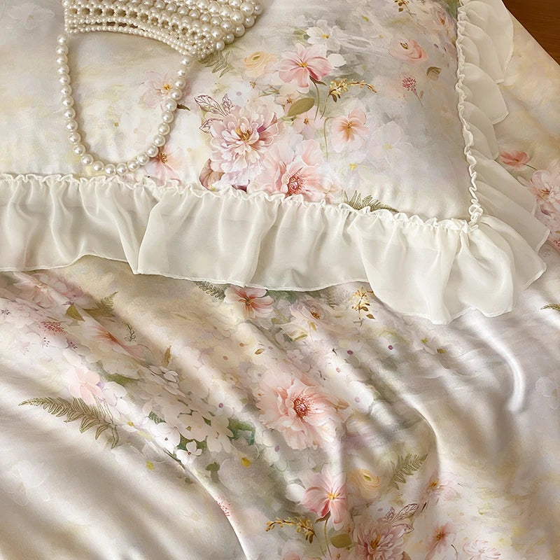Cyflymder  Flower Prints Lace Ruffles Princess Bedding Set Lyocell Bamboo Fiber Soft Silky Cool Feeling Duvet Cover Bed Sheet Pillowcases