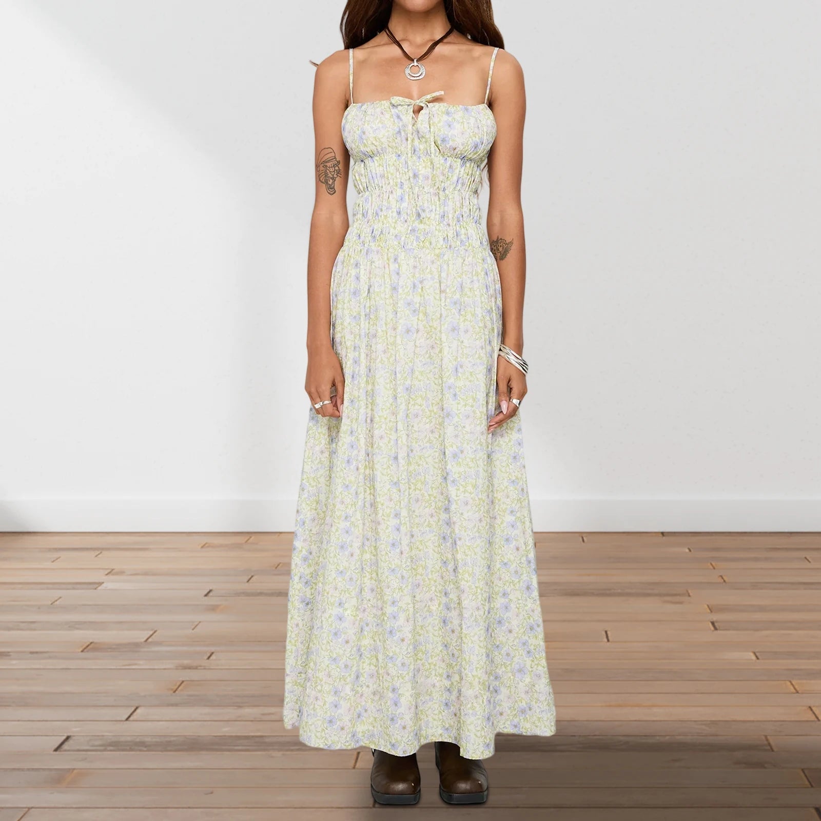 Cyflymder  Smocked Long Dress y2k Women Stripes/Floral Print Spaghetti Strap Sleeveless Dress Vacation Party Dresses Streetwear