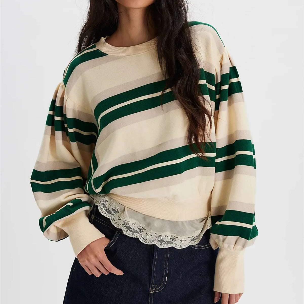 Cyflymder   Stripe Print Crew Neck Loose Pullover Hoodie for Women Y2K Vintage Long Sleeve Spring Fall Casual Streetwear Top