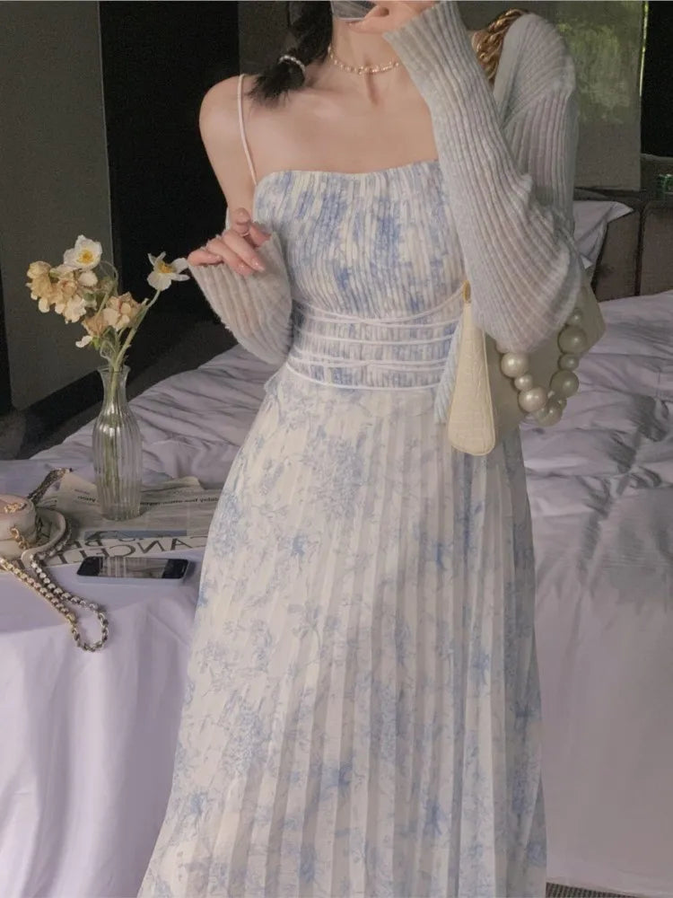 Cyflymder  Spring Summer Dress Cardigan Floral Suspender Skirt Two-piece Suit Dress Women A Line Vintage Korean Midi Dresses