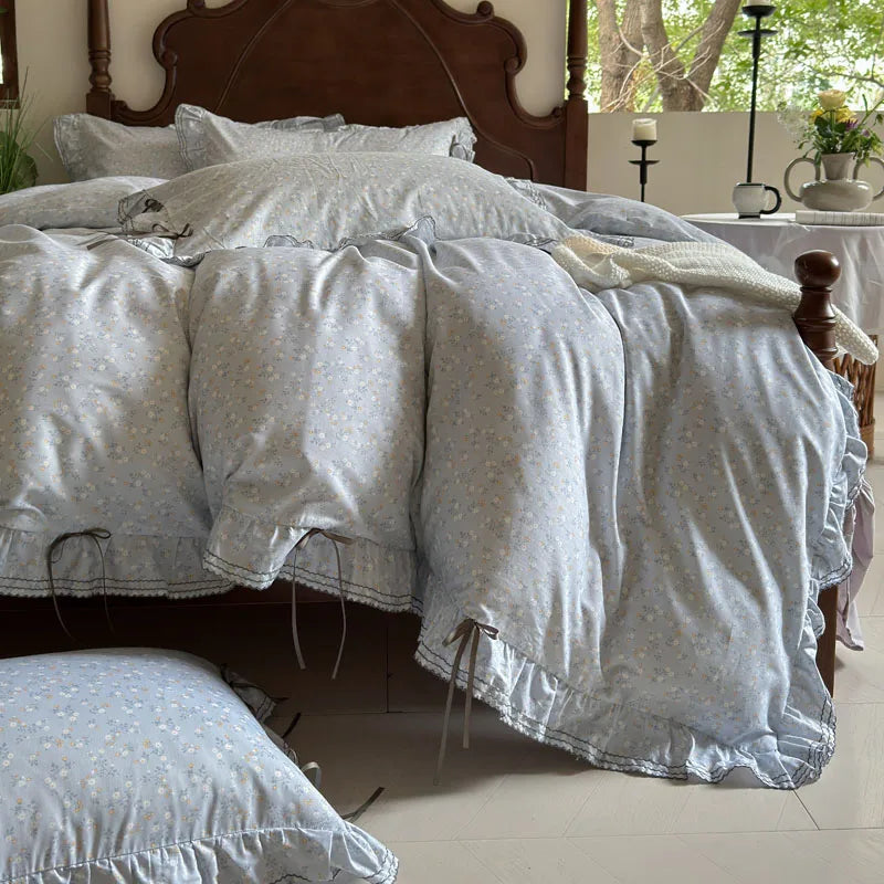 Cyflymder  100% Cotton Pastoral Floral Print Ruffles Bow Princess Bedding Set Queen King Duvet Cover Set Bed Sheet/Fitted Sheet Pillowcases