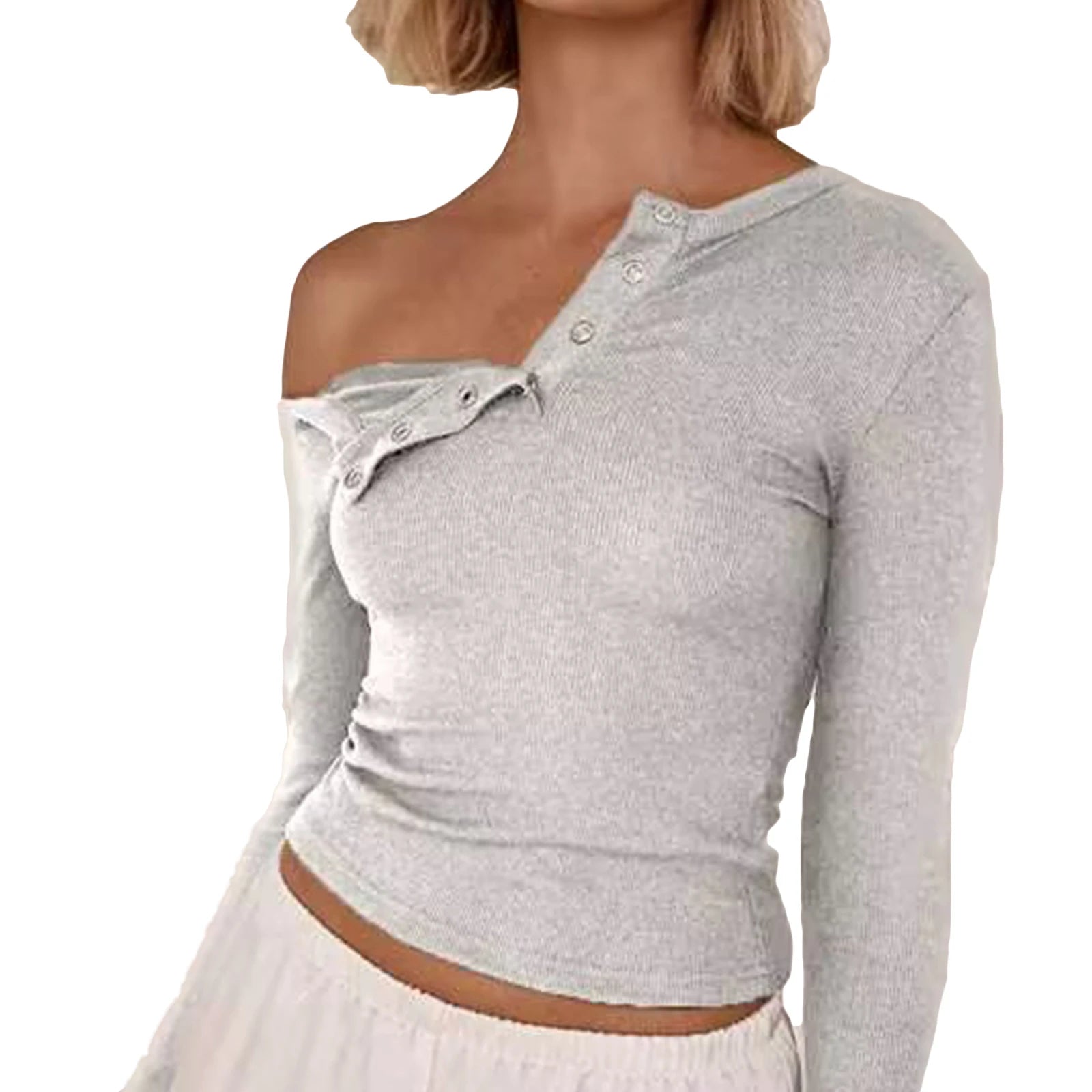 Cyflymder  Solid Color Long Sleeve Basic T-Shirts Women Buttons Oblique Shoulder Casual Shirts Fall Slim Fit Crop Tops Streetwear