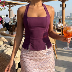 Cyflymder  Women's Square Neck Halter Tank Top Coquette Backless Slit Hem  Basic Camisoles Y2K Summer Sleeveless Crop Top Vest