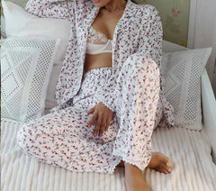 Cyflymder   Floral Two-piece Set Long-sleeve Single-breasted Top and Long Pants Women's Loungewear Casual Two-piece Set