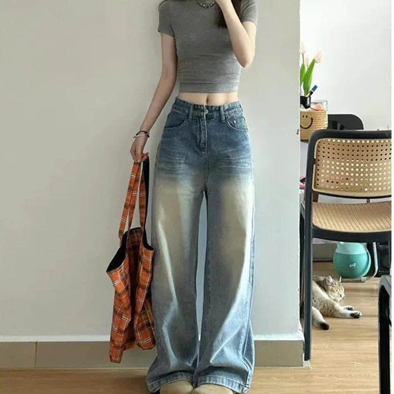 Cyflymder  Chic Washed Scratched Wide Leg Jeans Women Vintage Distress Light Blue Straight Denim Trouser Niche Style High Waist Loose Pants