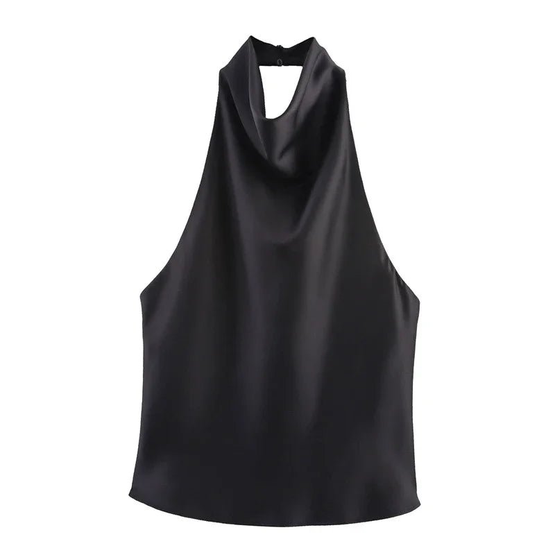 Cyflymder  Women Halter Top Solid Satin Backless Slip Tank Top Casual Office Ladies Off Shoulder Evening Party Vest Spring New Fashion