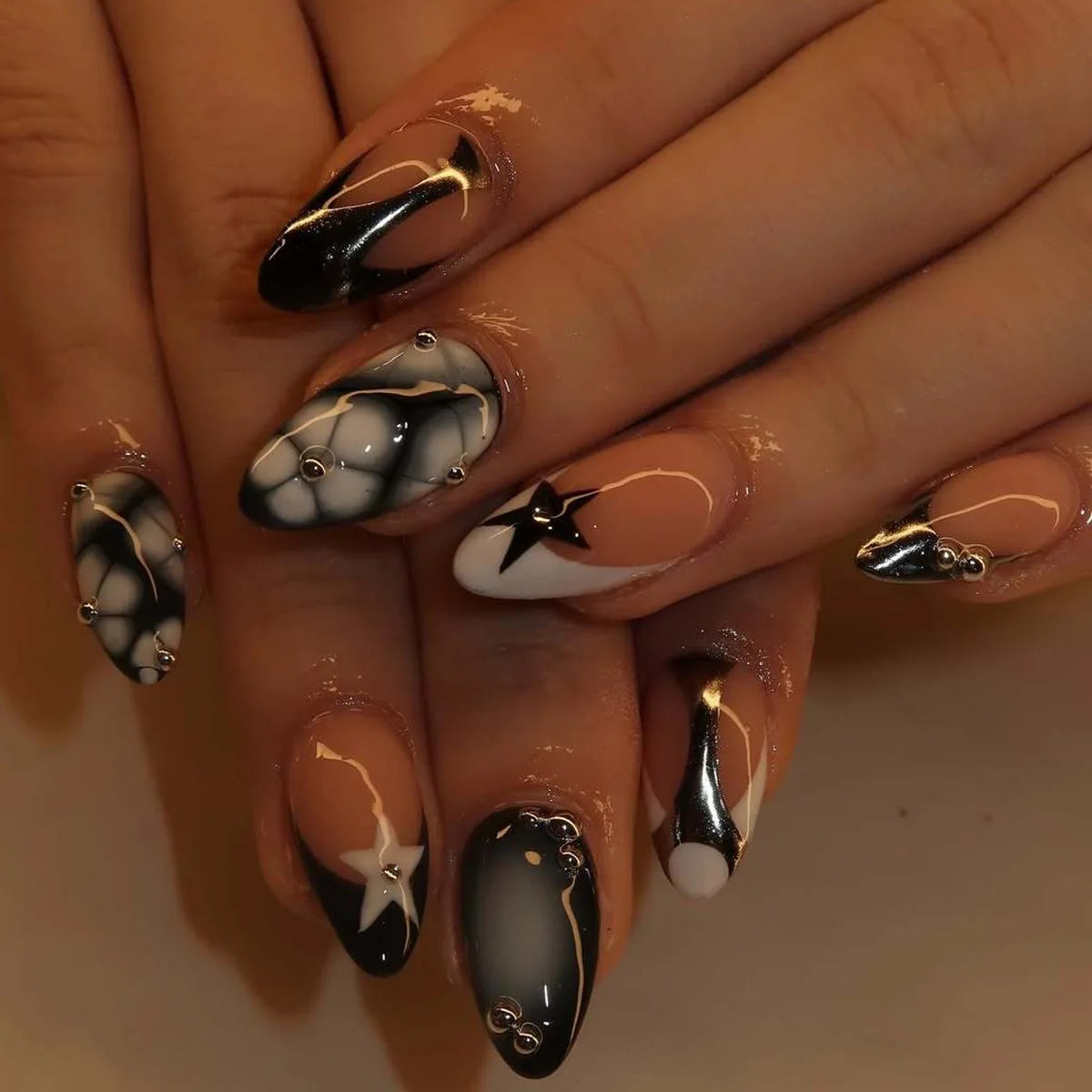 Cyflymder  24pcs Retro Leopard Print Fake Nail Tips y2k Blue French Almond Press on Nail Wearable Spicy Girl False Nails for Women Girls