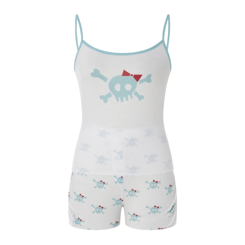 Cyflymder  Fairy Y2K 00s Vintage 2 Piece Kawaii Skull Print Pajama Set Lovely White Cami + Mini Shorts Grunge Coquette Lounge
