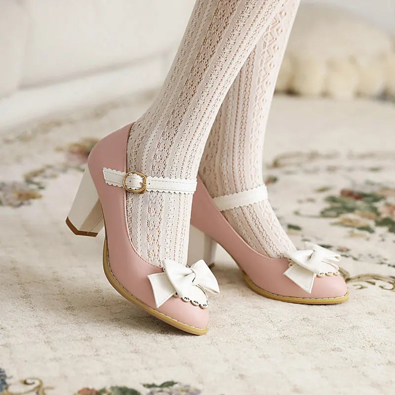 Cyflymder  Block Heels For Women Pumps Basketball Platform Bow Shoes Sandals Ladies Shallow Mouth Sweet Round Toe Chunky African Big Beige