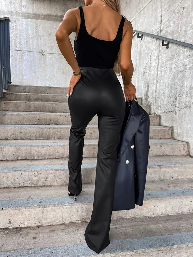 Cyflymder  Sexy Split Zipper Solid Slim Fit Flare Pants Autumn Elegant Hight Waist PU Long Pants Women Fashion Streetwear Leather Trousers