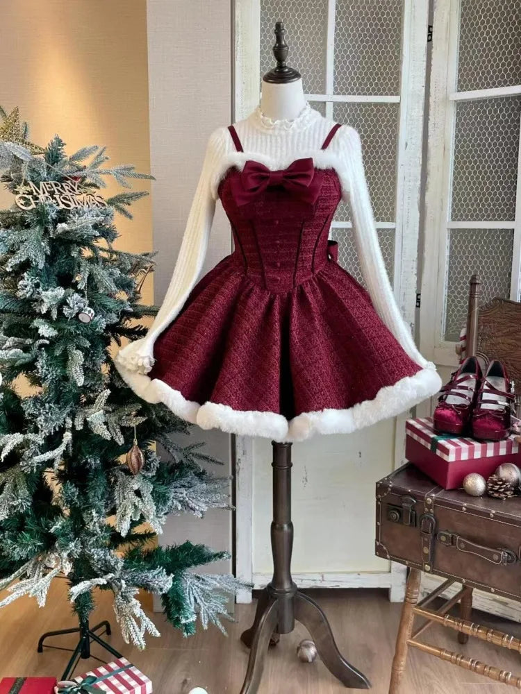 Cyflymder Christmas New Year 3 Piece Set Sweet Lolita Style Dress Sets Womens Elegant Chic Bow Plush Shawl Short Jackets Mini Skirts Suit