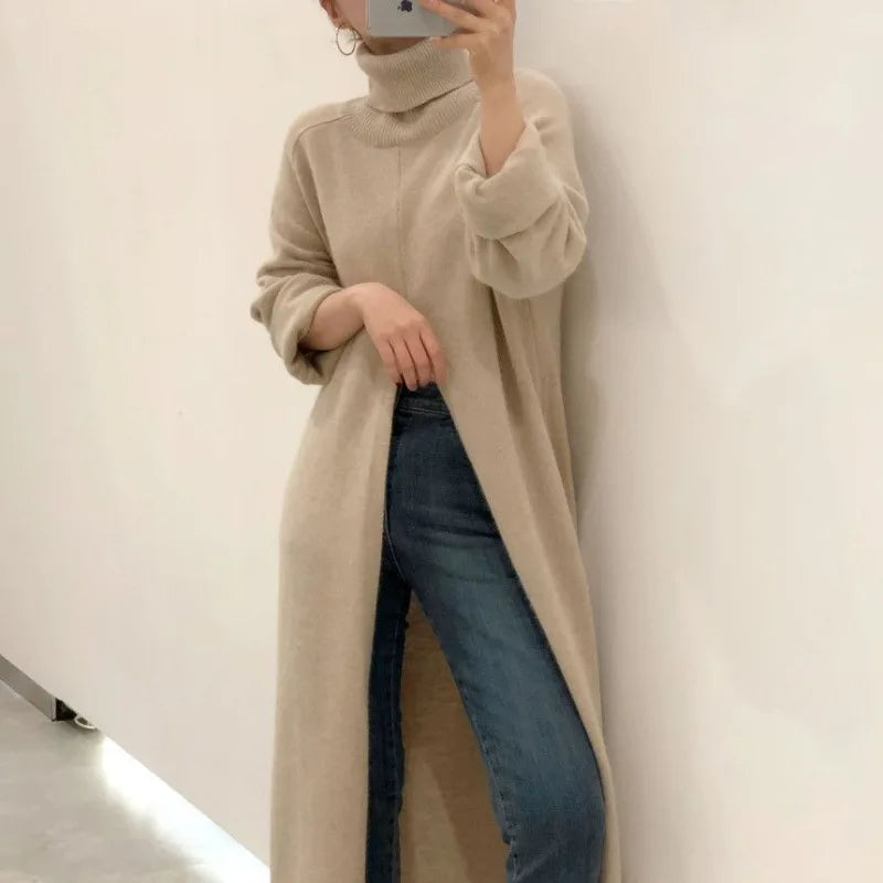 Cyflymder High Neck Loose Slit Long Knit Sweater Bottom Sweater Dress Vestidos De Mujer Black Knitted Robe Vintage New Korean