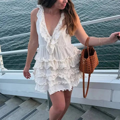 Cyflymder  Elegant Layered Ruffle Dress Women 2025 New Summer Loose Sexy V-neck Sleeveless A-line Mini Dresses Vacation Party Evening Dress
