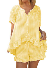 Cyflymder  Summer Women's Clothing Matching Sets Casual Plaid Two Piece Set Short Sleeve Ruffled Top And Pants Polyester Acrylic Fabric