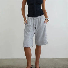 Cyflymder  Women Y2K Vintage Sweat Shorts High Waist Drawstring Elastic Waist Side Snap Button Detail Knee Length Bermuda Shorts Streetwear