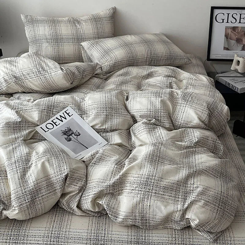 Cyflymder  Fashion Pure Cotton Grid Pattern Bedding Sets Skin Friendly Comfortable Bed Sheet Set for Adults Dormitory Home Quilt Cover Kit