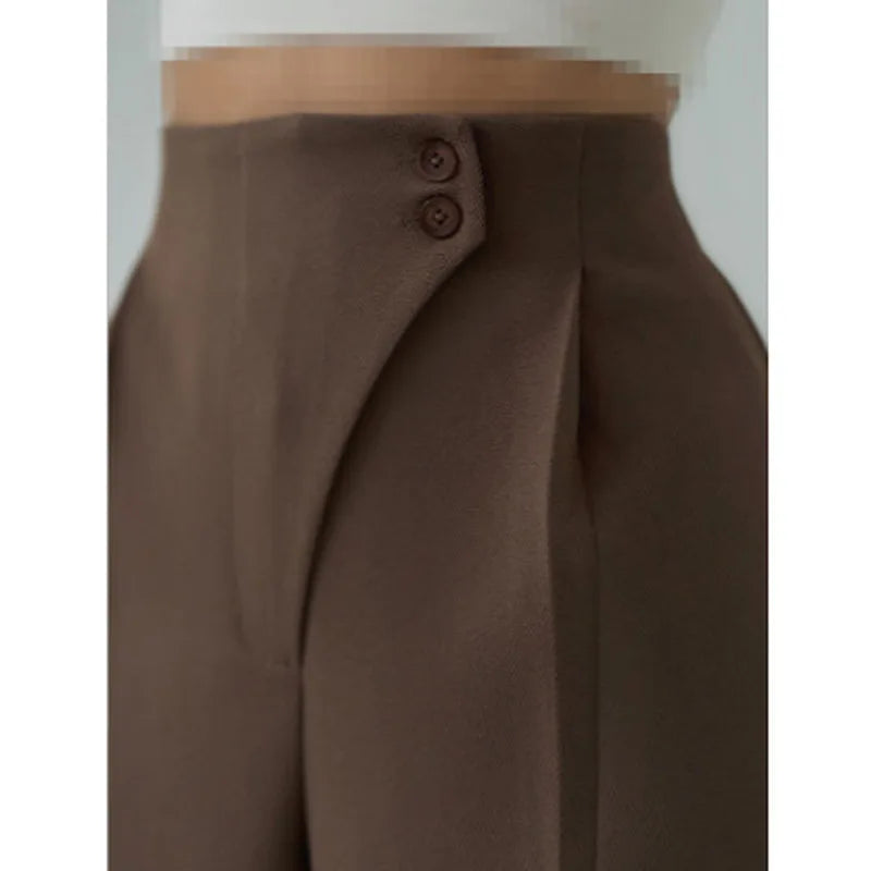 Cyflymder  Women's Slim Straight Leg Pants Casual Wear Button Detail Comfortable Fit Spring Season Mid-aged Women's Fashion