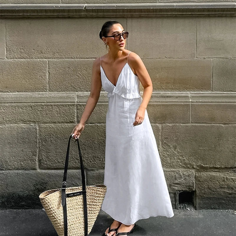Cyflymder  Sexy Deep V-Neck White Suspender Dress Women Fashion Ruffle Folds Long Robe Spring Summer New Beach Holiday Casual Loose Dress