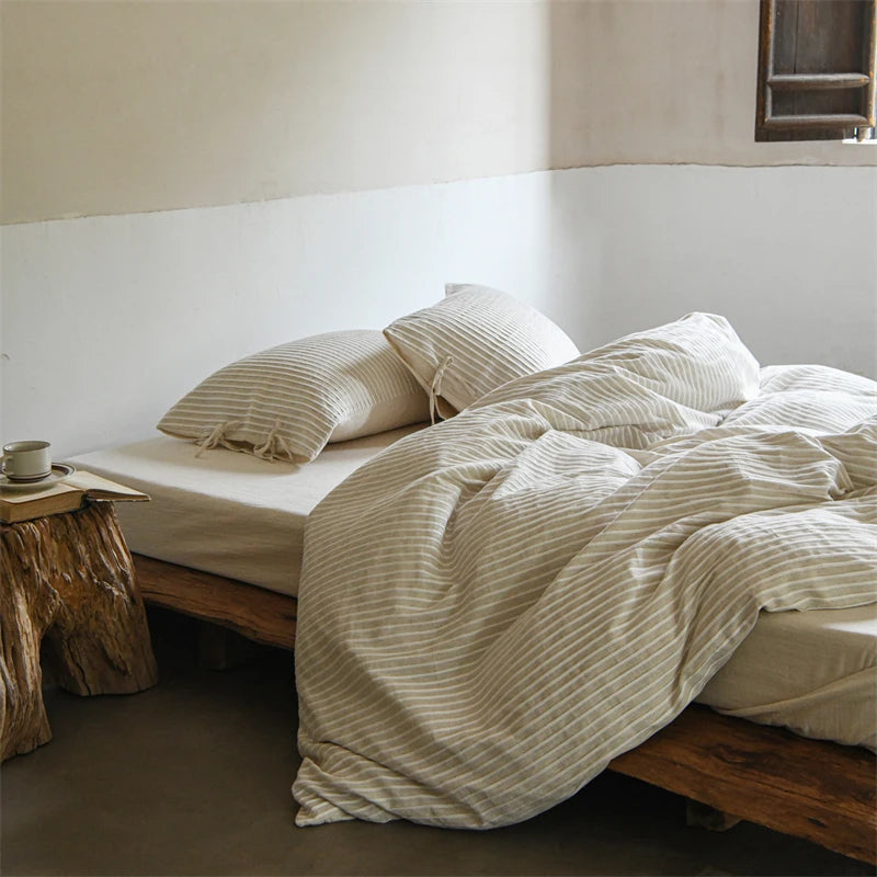 Cyflymder  Linen Cotton Simple Stripes Jacquard Nordic Style Bedding Set Single Double Queen King Duvet Cover Flat/Fitted Sheet Pillowcase