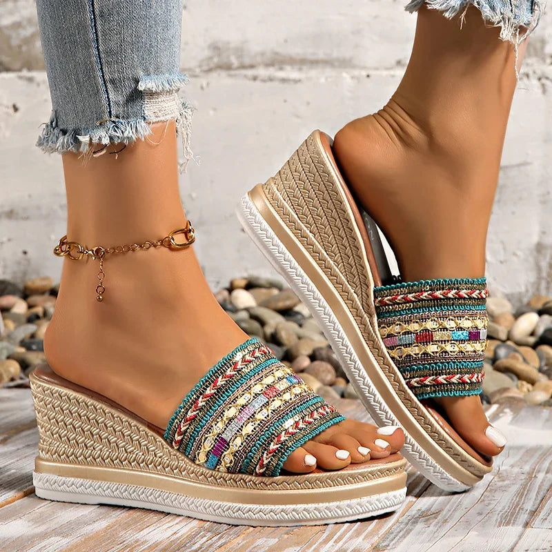 Cyflymder  Bohemian Striped Braided Wedge Sandals Women Summer Thick Sole Outdoor Beach Slides Woman Plus Size Fashion Platform Slippers