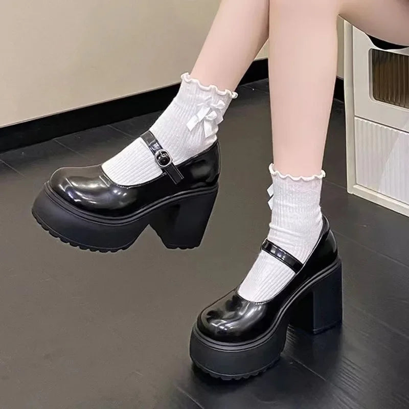 Cyflymder Shoes Female Mary Janes Women's High Heels Platform Dress Pump Women Shallow Buckle Strap Round Toe Chunky Heel Shoes Women