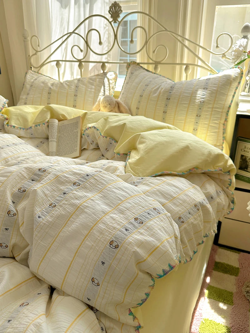 Cyflymder  100% Cotton Yarn-dyed Jacquard Floral Bedding Set Single Queen King Size Duvet Cover Bed Sheet/Fitted Sheet Pillowcases 3/4Pcs