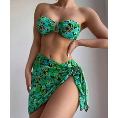 Cyflymder  Printing Split Bikini Set Women Swimsuit Metal U-shaped Decoration Bandage G-string Bikini Cover Ups Sexy 3 Piece Sets Beachwear