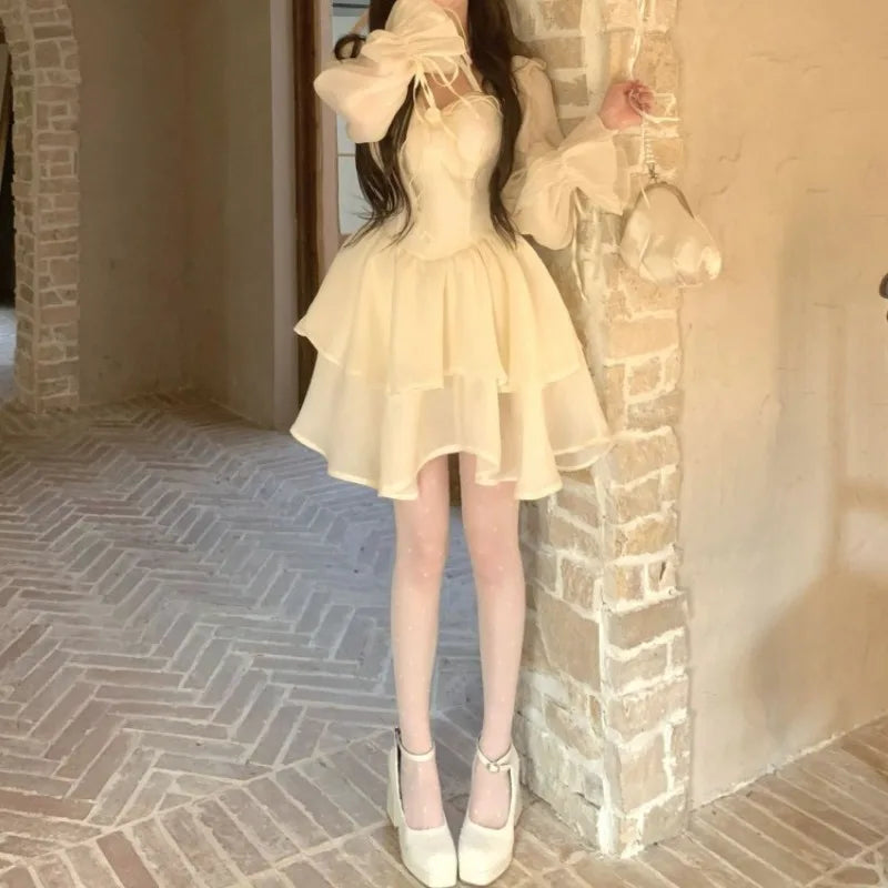 Cyflymder  Woman Dress Sweet Square Collar Ribbon Bandage Flare Long Sleeve Elegant Spring Fashion Mini Dresses Party Ladies
