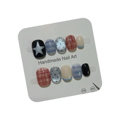 Cyflymder  10pcs Short Oval Shaped Press-On Nails - Color Block Stripes & Star Designs Glossy Mix-and-Match False Nails for Women and Girls