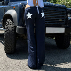 Cyflymder   Women Light Blue Star Patch Low Rise Flared Sweatpants Elastic Waist Soft Knit Y2K Streetwear Casual Sports Bootcut Trousers