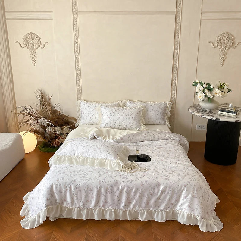 Cyflymder  Flower Prints Lace Ruffles Princess Bedding Set Lyocell Bamboo Fiber Soft Silky Cool Feeling Duvet Cover Bed Sheet Pillowcases