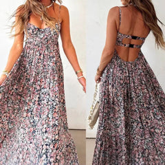 Cyflymder  Women Elegant Floral Print Sling Dress Sexy Off Shoulder Backless Long Pleated Party Dress Fashion Hight Waist Swing Bohe Dress