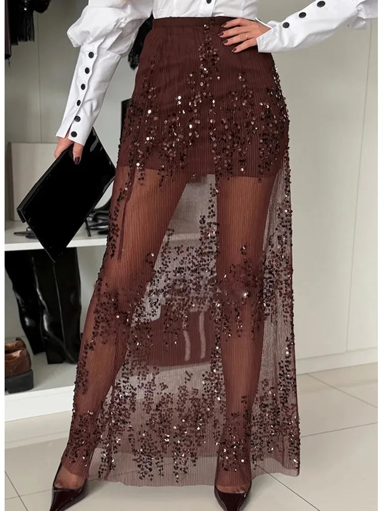 Cyflymder  Women Sequin Maxi Skirts Perspective Y2k Pearl Embellished High Rise Long Bodycon Skirt Glitter Black Skirts Summer Streetwear