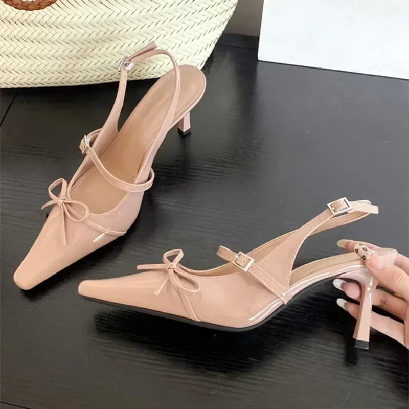 Cyflymder  Blue Patent Leather  Women Sexy Pointy Toe Bow Decorated Heeled Sandals Summer Elegant Slingbacks Dress  Pumps