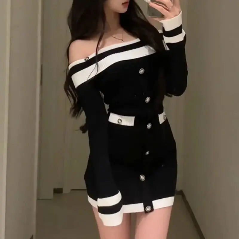 Cyflymder  Sexy Boat Neck Bag Hip Dress Women Autumn Patchwork Sleeveless Sheath Knit Dress French Fashion Button Mini Sweater Dress A147