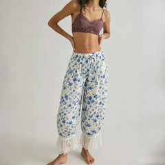 Cyflymder  Women Floral Boho Bloomer Pants Lace Trim Loose Fit Ruffle Y2K Bloomers Elastic Waist Cropped Pumpkin Pettipants Pajama Bottom