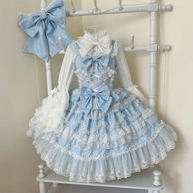 Cyflymder   Japanese Lolita Jsk Gorgeous Bow 2 Piece Set Women Y2k Long Sleeve Shirt Kawaii Cute Lace Ruffles Vintage Elegant Princess Dress