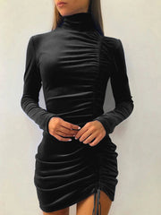 Cyflymder  Velvet Sexy Hot Girl Drawstring Solid Glamorous Dresses Bodycon High Waist Turtleneck Fashion Street Club Date Outfits