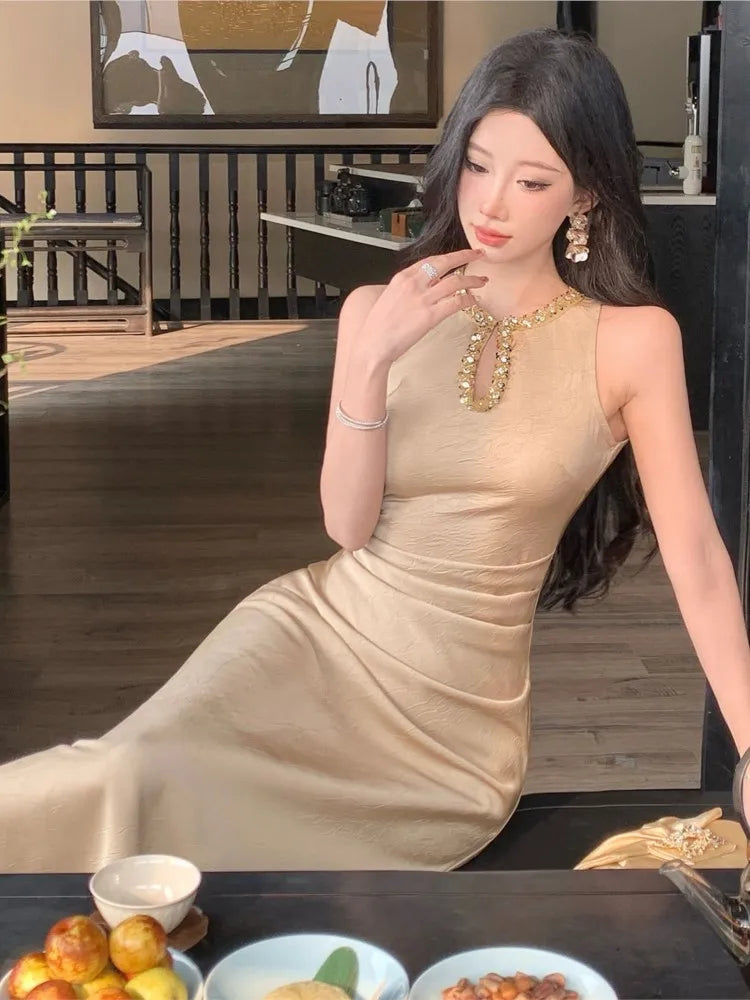 Cyflymder  Elegant Gold Sleeveless Long Dress V-Neckline Events Evening Parties Luxurious woman dresses  Hot Sexy Flowy Clothing