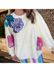 Cyflymder  Women s Casual Long Sleeve Round Neck Sequins Embellished Floral Print Pullover Sweatshirt for Spring and Autumn