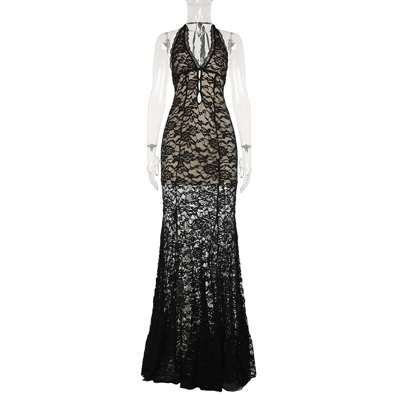 Cyflymder  Sexy Lace Halter Long Dress Hollow Long Backless Concert Women Dress Summer Vacation Bodycon Vestidos Grunge Fairycore